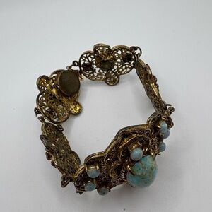 Vintage Ornate Filigree Bracelet w/ Faux Turquoise Stones Boho Statement